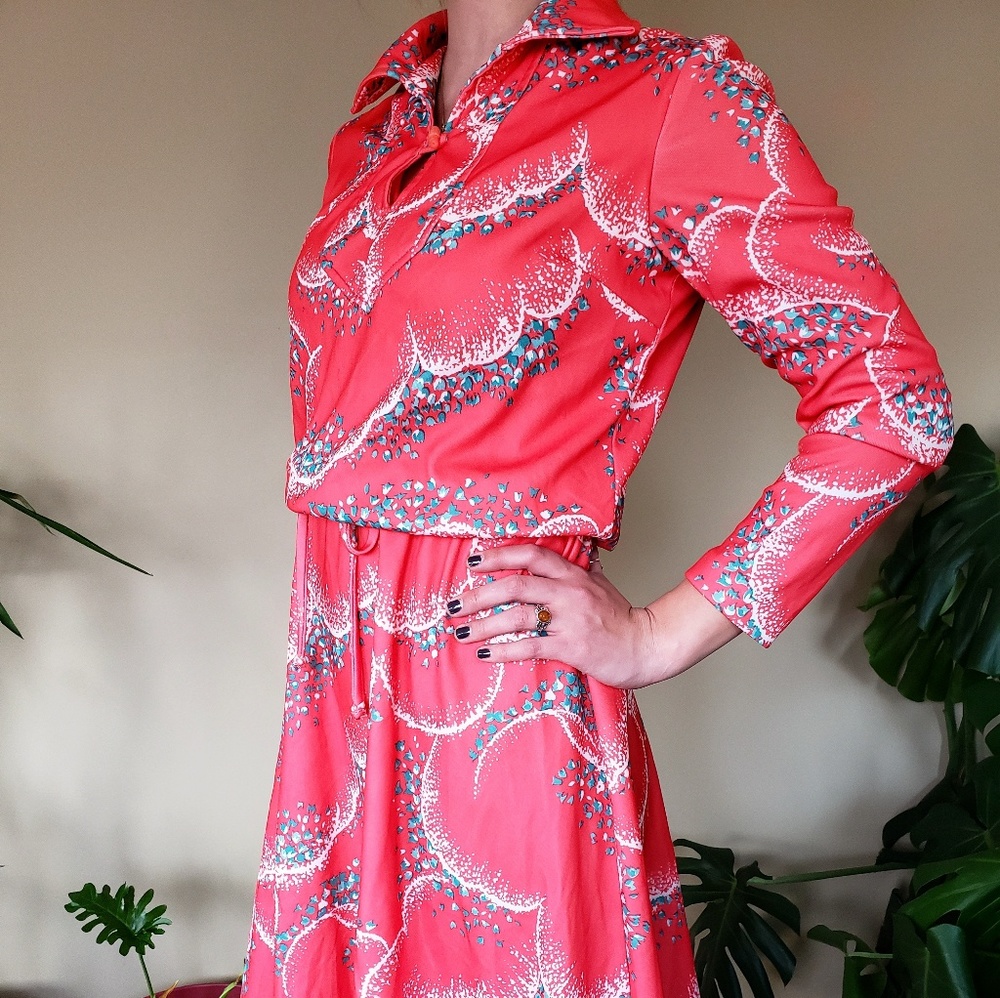 Sears Coral Pink Patterned Midi Dress